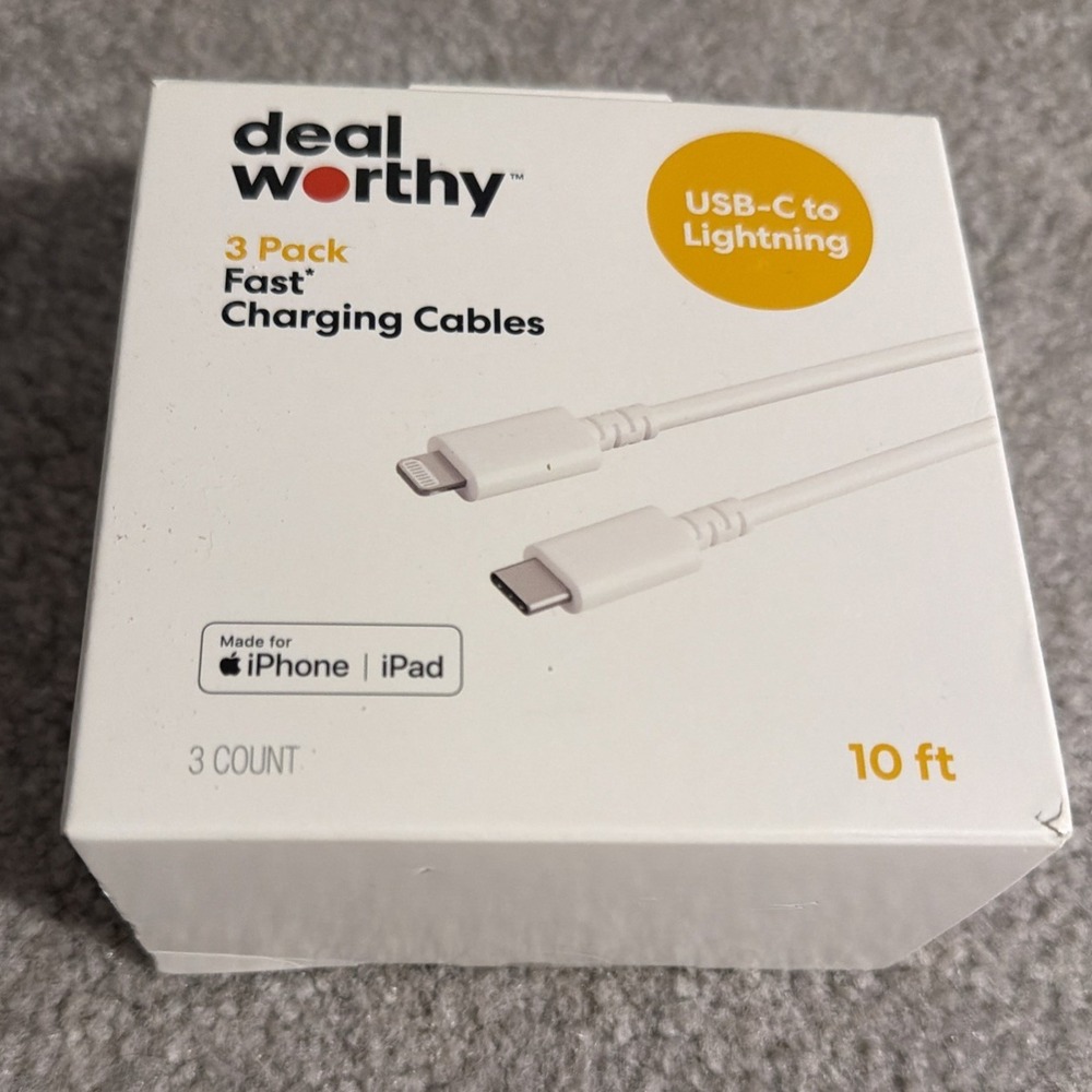Deal Worthy USB-C to Lightning Fast Charge Cable 3-Pack 10 ft White for Apple